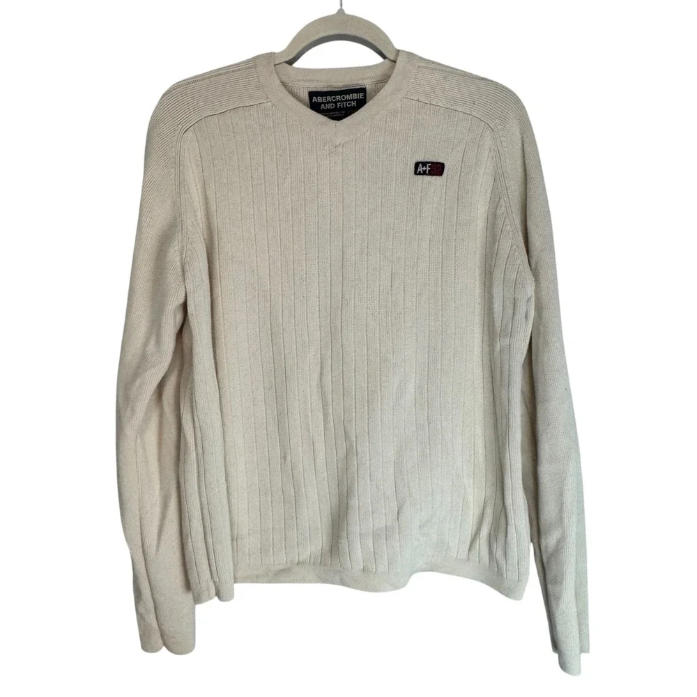 Abercrombie & Fitch Mens V-Neck Ribbed Knit Sweater Cream A+F‎ 92 Logo L Vintage